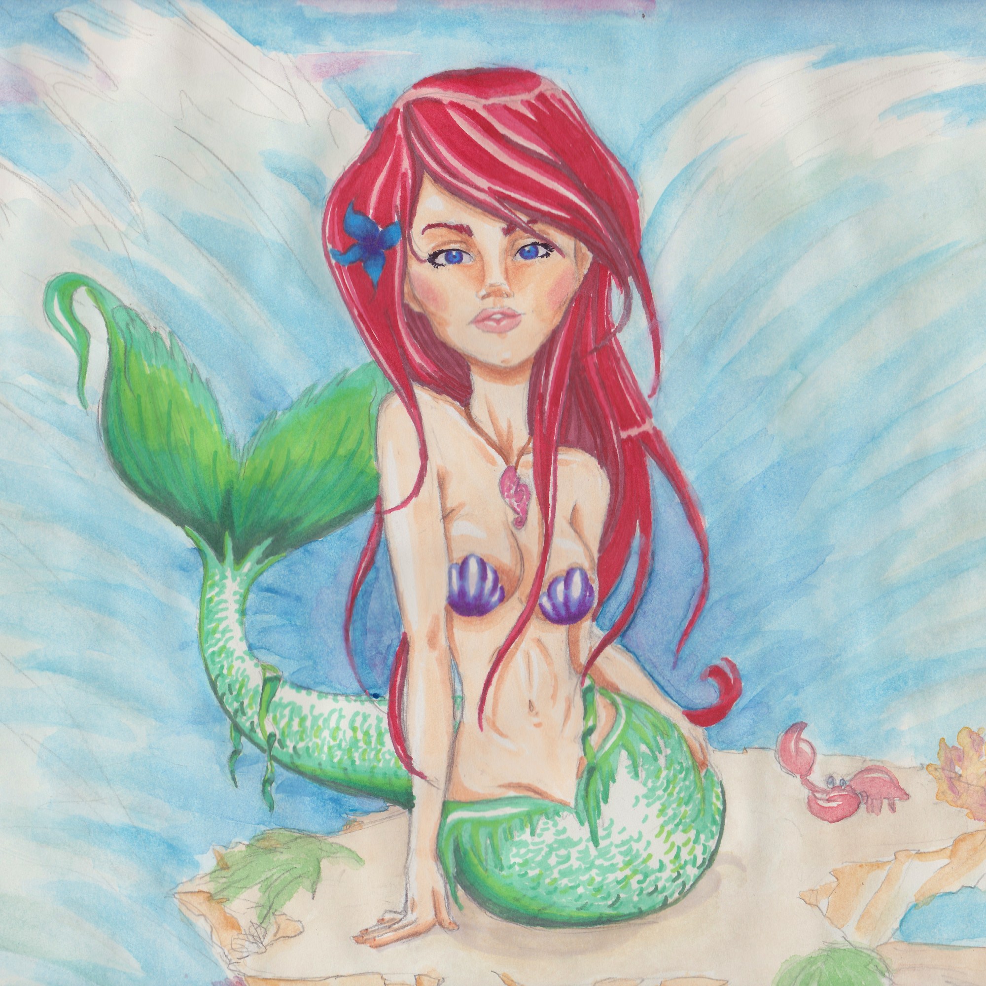 The Little Mermaid on Rock in Watercolor