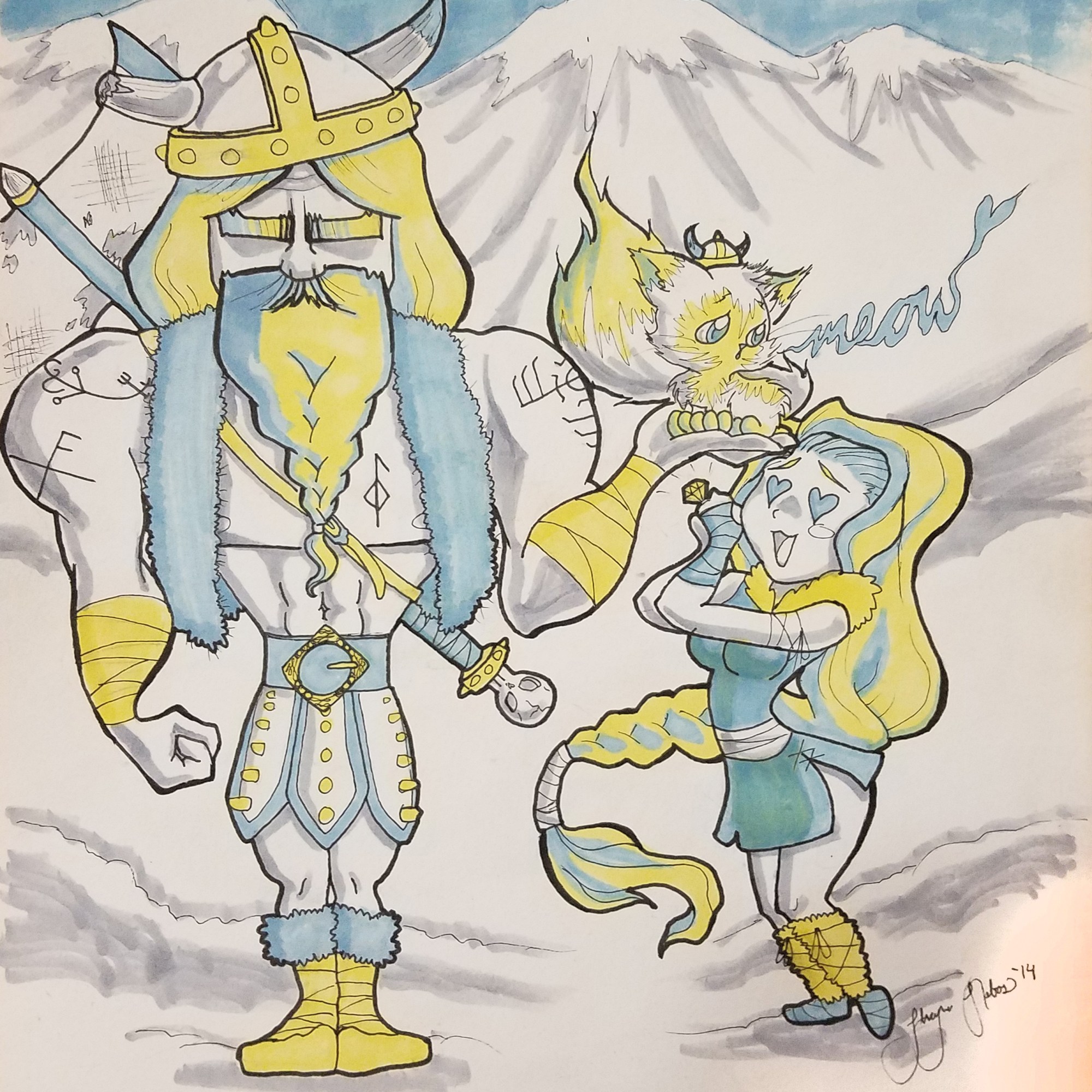 Viking Husband with Proposal Kitten in Pen and Color Marker