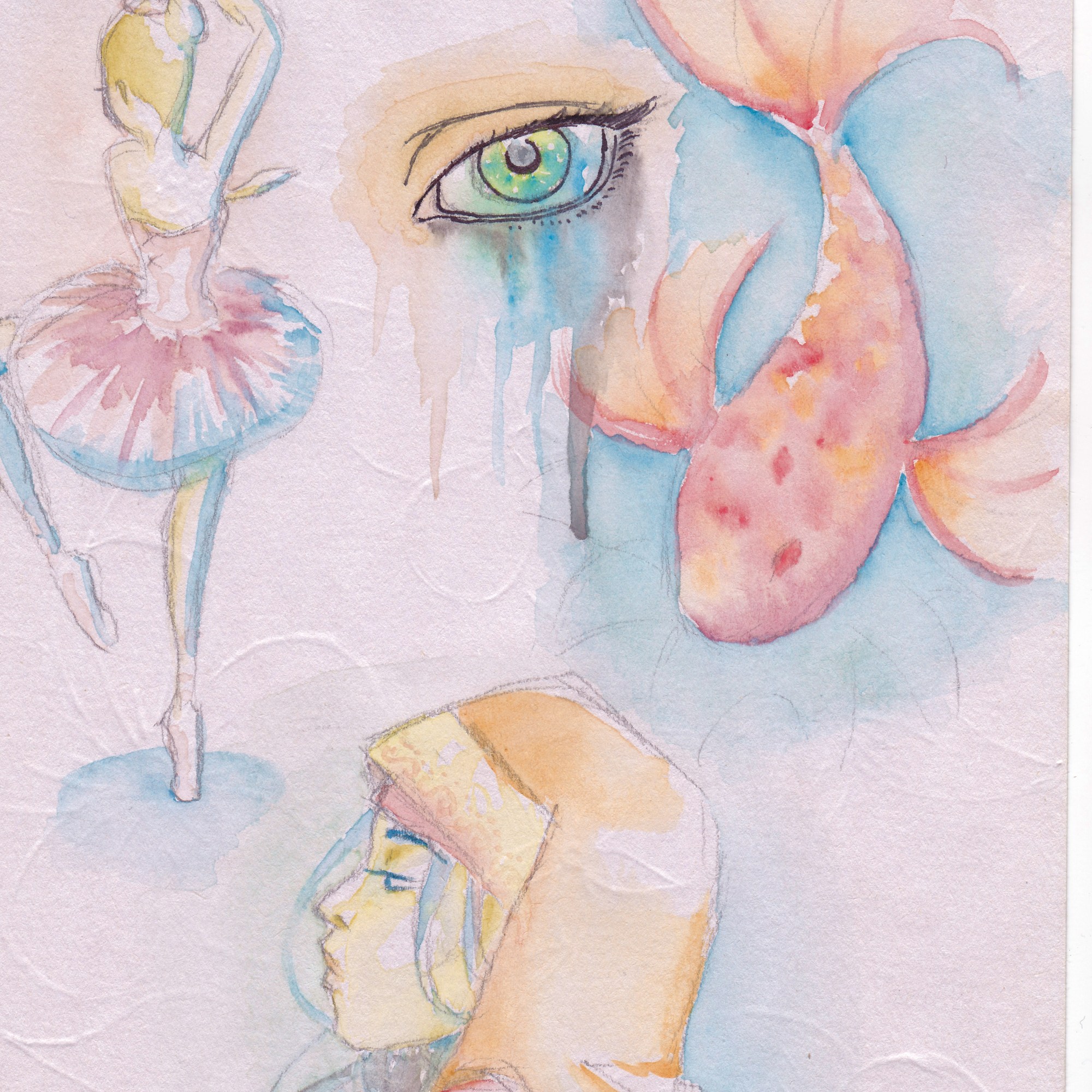 Water Color Practice - Ballerina, Eye, Girl in Headwrap, Koi Fish